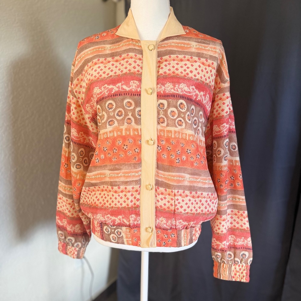 Oleg Cassini Vintage Silk Bomber Jacket Orange Geometric Floral Print Small